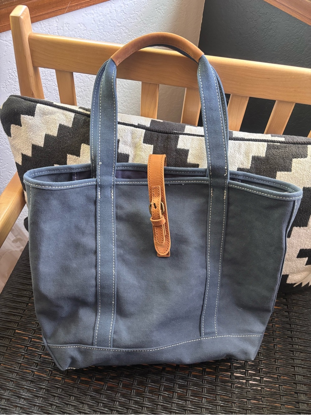 L.L. Bean Canvas Tote Bag with Leather Strap - Blue